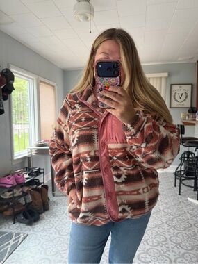 Woven Aztec Print Fleece Jacket - Pink/Brown Size Large